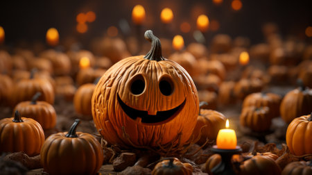 A festive and spooky jack-o-lantern, carved from a vibrant cucurbita vegetable, sits on a porch ready for trick-or-treaters on halloween nightの素材