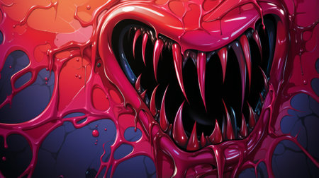 A menacing beast emerges from the canvas, its crimson and ebony jaws baring razor-sharp fangs, an ominous masterpiece of terror and skillの素材