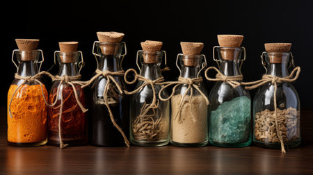 A rustic still life captures the beauty of indoor glass bottles, each adorned with a twine-tied cork, evoking a sense of nostalgia and simplicityの素材