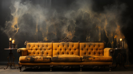 In the dark of night, a yellow sofa with mold creeping up its sides sits abandoned outside, its smoky scent a reminder of the fire that once consumed it, now left to decay as outdoor furnitureの素材