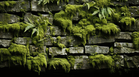 A lush green moss clings to the rugged stone wall, surrounded by towering trees and showcasing the beauty of nature's resilienceの素材