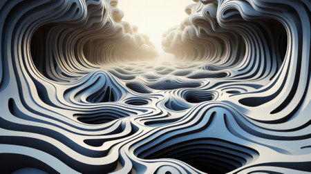 A mesmerizing abstract masterpiece, evoking a sense of balance and harmony through its intricate symmetrical patterns of white and grey wavy linesの素材