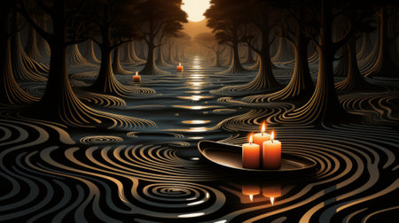 A peaceful evening sail on a tranquil lake, guided by the gentle flicker of candlelight among the darkened treesの素材