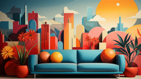 A vibrant studio couch with striking orange balls rests against a dynamic city mural, showcasing the perfect blend of modern furniture and urban designの素材