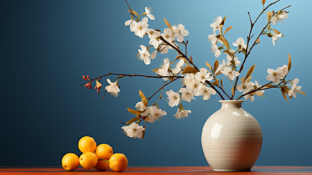 A vibrant still life featuring a vase overflowing with white flowers and ripe yellow fruits, creating a feeling of abundance and warmth in an indoor settingの素材