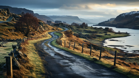 A winding road leads through a picturesque winter landscape, surrounded by towering mountains and reflective waters, as the sun sets over the highland valleyの素材