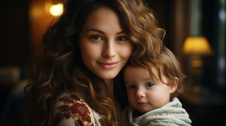 A joyful mother cradles her precious infant, both adorned in warm clothing, as they share a tender moment filled with love and happinessの素材
