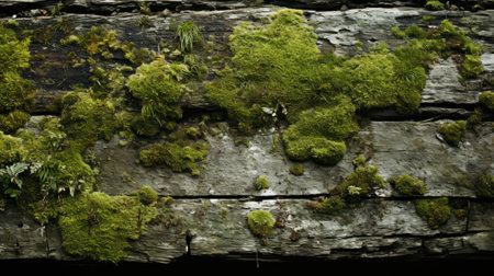 Amidst the rugged landscape, a vibrant bed of moss thrives on a log, a testament to nature's resilience and beautyの素材
