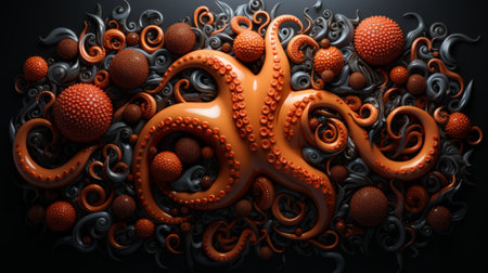 An intricate orange octopus with swirling black and grey patterns swims gracefully among the vibrant marine invertebrates of the reef, showcasing the captivating beauty of these intelligentの素材