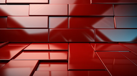 A striking wall of vibrant red tiles captures the essence of modern architecture, illuminated by soft indoor light and evoking a sense of abstract beautyの素材