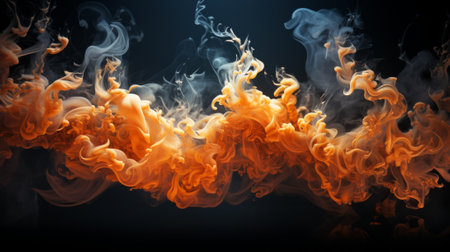 A vibrant, floating flame composed of orange and black smoke dances against a black background, creating a captivating visual spectacleの素材