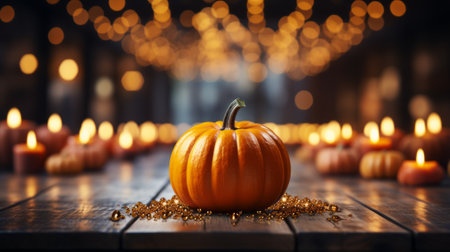 A glowing candle flickers atop a vibrant pumpkin, bringing warmth and whimsy to a festive halloween display on the indoor tableの素材