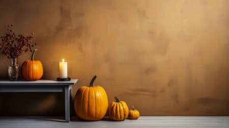 A cozy indoor still life of a pumpkin and candle sitting atop a table, surrounded by a wall of gourds and squash, evoking the essence of halloween and the autumn seasonの素材