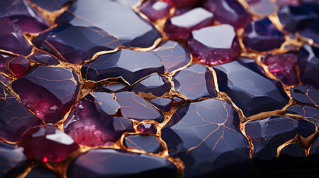 A mesmerizing blend of vibrant hues and intricate textures, this abstract close-up of a purple and gold rock evokes a sense of mystery and opulenceの素材