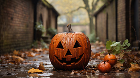 A whimsical autumn tradition comes to life as a smiling jack-o-lantern stands proudly among the fall harvest of cucurbits and gourds, welcoming trick-or-treaters to a festive halloween nightの素材