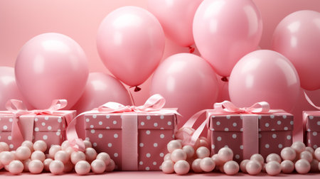 A cheerful image displaying a pink polka-dot gift box adorned with pink balloons, tied with ribbon. The soft pink background adds to the joyful ambianceの素材