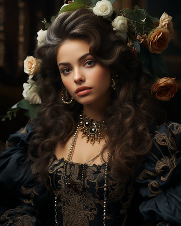 A serious woman in a black dress and floral crown gazes at the camera. Her curly brown hair and pearl necklace add a touch of elegance to her captivating presenceの素材