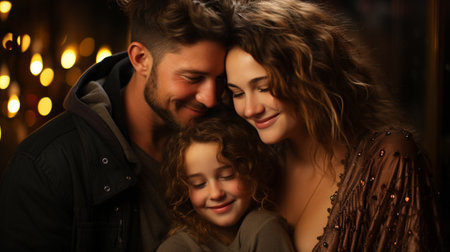 A loving couple shares a tender kiss with their young daughter, bundled up in warm winter clothing, in the cozy comfort of their homeの素材