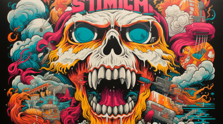 An eye-catching illustration of a grinning skull adorned with vibrant hues and pearly white teeth, blending elements of cartoon and art in a striking paintingの素材