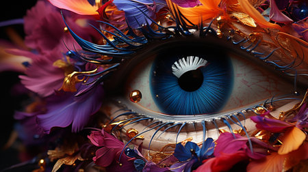 A vibrant floral mask adorns the human eye, evoking a sense of festive celebration at a mardi gras carnivalの素材