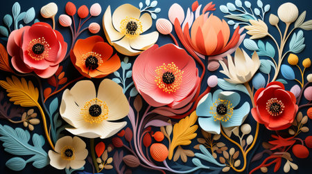 A vibrant still life painting captures the delicate beauty of paper flowers, their colorful petals blooming against a serene blue backgroundの素材