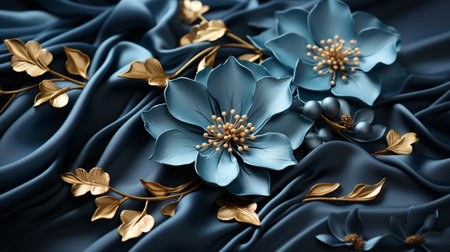 An elegant, blue silk flower with gold leaves stands out against a dark blue background, capturing beauty and grace in a charmingly delicate designの素材