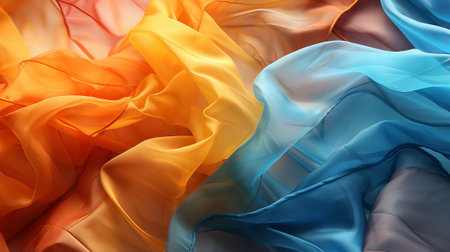 Close-up shot of a shiny silk fabric with vibrant colors - a dynamic mix of blues, oranges, and yellows. Smooth texture enhances its visual appealの素材