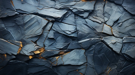 Close-up image showcasing a jagged and rough-textured rocky wall, highlighted by dark blue and gold tones. Impressive details captivate the eyesの素材
