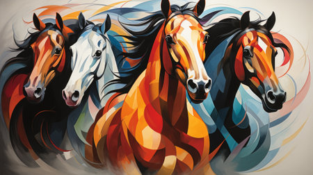 Three horses, brown, blue, and yellow, gallop in a line. The first horse leads, followed by the others. Background is not shown. Exciting energy and unity portrayedの素材
