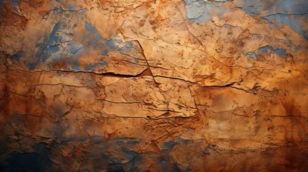 Close-up of a cracked and peeling cement wall with a rough texture. Brown and blue hues reveal its weathered condition, displaying chips and cracksの素材