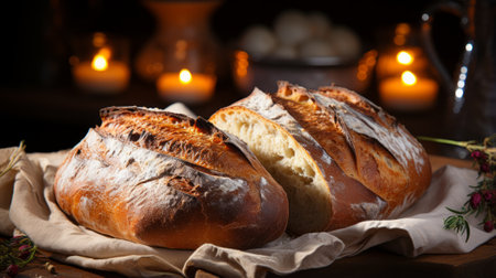 A delicious, freshly baked loaf of bread sits on a rustic cutting board, invitingly sliced and accompanied by the warm glow of candlelight in the backgroundの素材