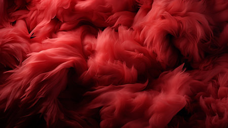 Close-up black and white photo of a long, curly, floating red feather in midairの素材