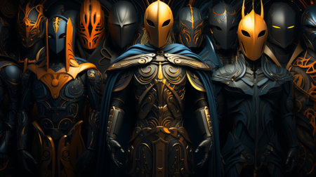 A diverse group of individuals donning intricate metal armor, exhibiting stern expressions and gazing directly at the viewer. The attire encompasses various components like helmet and shoulder padsの素材