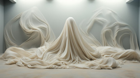 A flowing piece of fabric suspended from the room's ceiling, gently swaying in the wind, offers a calming and ethereal atmosphereの素材