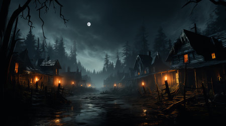 A haunting and desolate village at night. Wooden houses with thatched roofs stand in silence as the moon casts an eerie glow. A mysterious emptiness fills air, making scene unsettling and ghostlyの素材