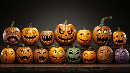 An eerie gathering of intricately carved calabazas, cucurbitas, and gourds illuminated by flickering candles, evoking the spirit of halloween and the excitement of trick-or-treatingの素材