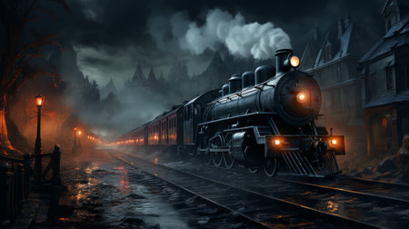 A steam train chugs through a dark forest at night, its lantern-lit engine trailing steam. Eerie shadows loom as the train ventures forward under a cloudy skyの素材