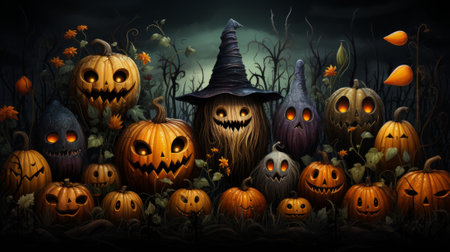A spooky Halloween night adorned with a collection of carved jack o'lanterns glowing in the dark. Trees and plants add an eerie ambiance to the settingの素材