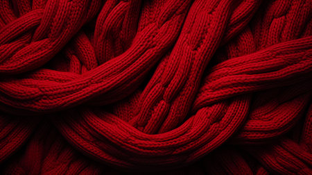 Close-up of a red knit sweater displaying a textured, bumpy surface created by tightly knit loops in the red yarnの素材