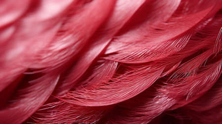 Close-up photo of a vibrant red feather, showcasing its long, fluffy, curved shape. The feather is composed of luscious red plumageの素材
