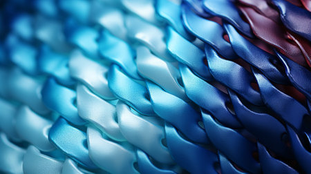 A close-up of a shiny, wavy blue and red ribbon is featured in this image. The vivid colors and unique pattern make it visually strikingの素材