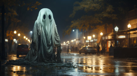 A haunting apparition roams the wet city streets, shrouded in a billowing white sheet, its ethereal form illuminated by the soft glow of streetlights and the pattering rainの素材