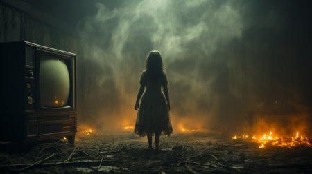 In a dark, soot-filled room, a woman in a white dress stands before an old TV, its screen blank. Smoke fills the air, creating an eerie and mysterious atmosphereの素材