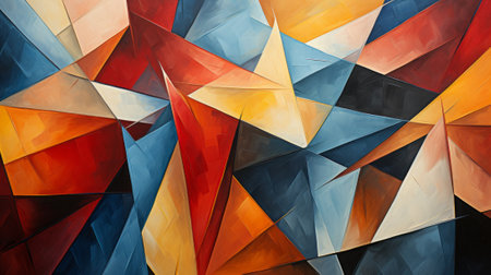 Colorful geometric shapes in shades of red, yellow, and blue create a dynamic and abstract composition, with overlapping and stand-alone triangles and rectanglesの素材