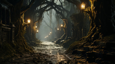 Amidst the winter fog, a winding path through the forest is illuminated by the gentle glow of tree lights, beckoning one towards a mysterious cave hidden within the natural landscapeの素材