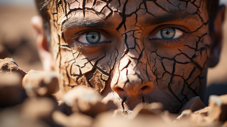 A weathered face reveals the trials of life, as mud and lines create a portrait of resilience and strength in the great outdoorsの素材