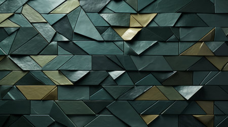 An abstract building with a symmetrical pattern of green and gold triangles adorning the roof, creating a mesmerizing piece of artの素材