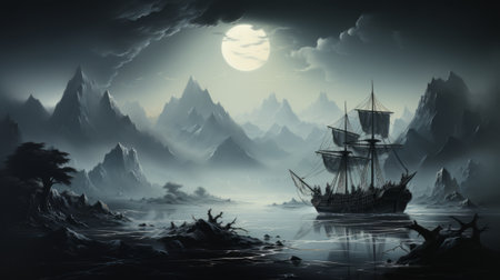 A solitary ship navigates through the dense fog on the tranquil waters, its moonlit silhouette a symbol of endless possibilities and journeys yet to be takenの素材
