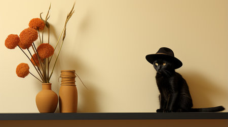 A sleek black cat lounges atop a wall shelf, surrounded by delicate flowers and plants in vases and jars, adding a touch of feline elegance to the indoor spaceの素材
