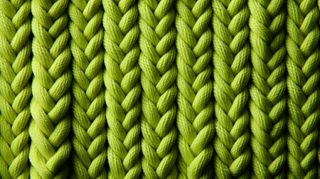 Vibrant fibers intertwine to create a sturdy rope, evoking feelings of strength and resilience in this textured green knitted fabricの素材